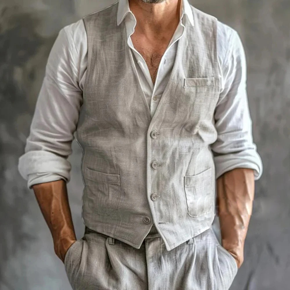 Men Formal Wear Vest - ผู้ชายผ้าลินินฤดูร้อนชาย GILET คุณภาพสูงสีเทา Cool Breathable พร้อมกระเป๋าอย่างเป็นทางการ