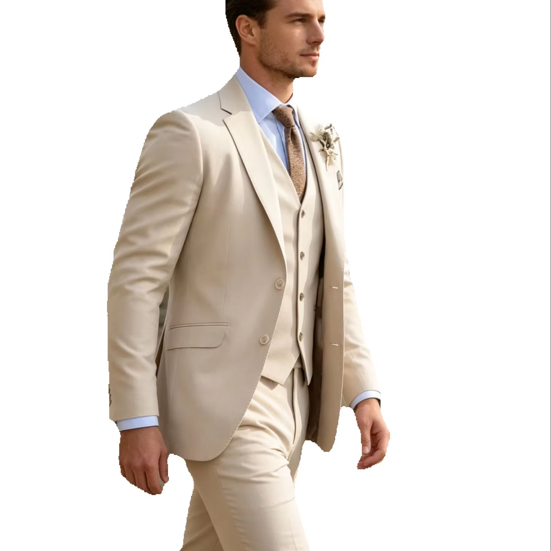 Khaki Formal Wear Men - ชุดสูทผู้ชายสีกากีแบบลำลอง 3 ชิ้น ทรงเข้ารูป ปกแบบ Notch