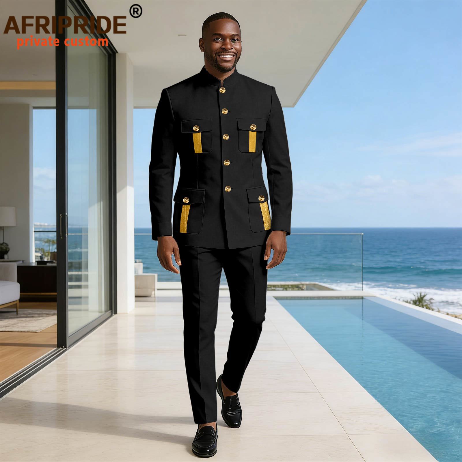 Men Formal Wear Clothes - ชุดสูทผู้ชายแบบกระดุมแถวเดียว ปักลาย กระเป๋าเสื้อ ทรงเข้ารูป พร้อมกางเกง ชุด