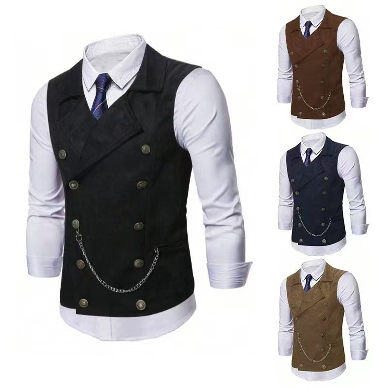 Men Formal Wear Vest - เสื้อกั๊กผู้ชายแบบกระดุมสองแถวพร้อมโซ่, เสื้อกั๊กสำหรับธุรกิจแบบเป็นทางการ, เสื้อแจ็คเก็ตแขนกุดสำหรับงานแต่งงานในสำนักงานหลากสี