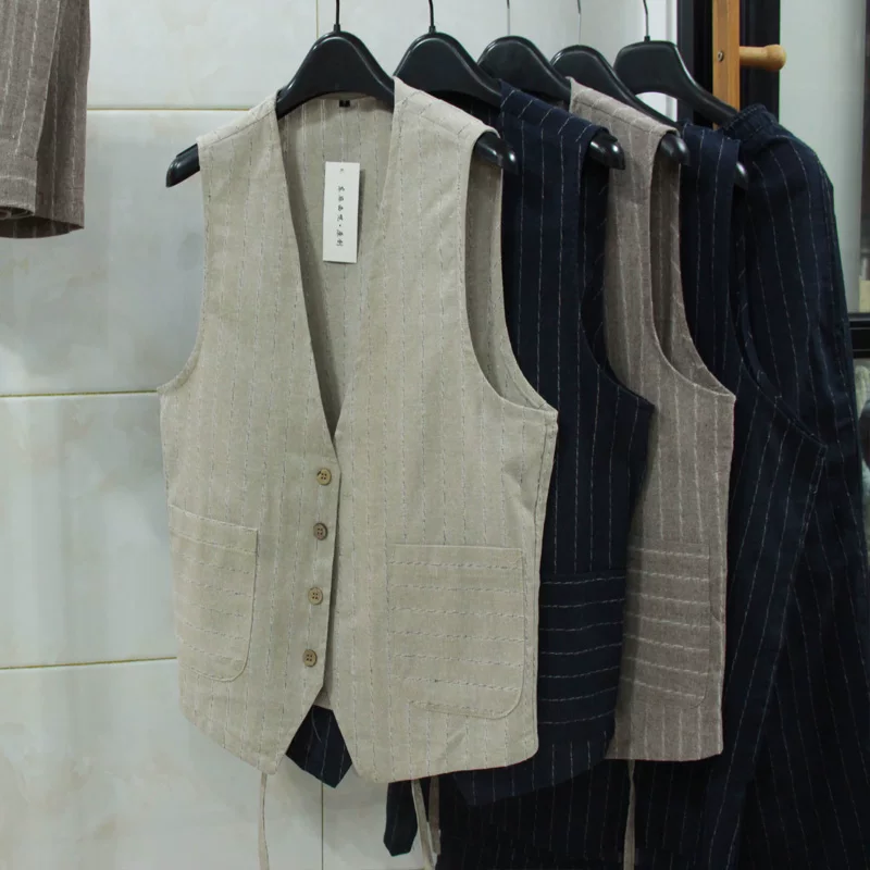 Men Formal Wear Summer - เสื้อกั๊กผ้าลินินสไตล์ลำลองแบบอังกฤษสำหรับผู้ชาย ทรงเข้ารูป ชุดสูทธุรกิจ เสื้อกั๊กแบบมืออาชีพ ผ้าฝ้ายผสมลินิน แขนกุด