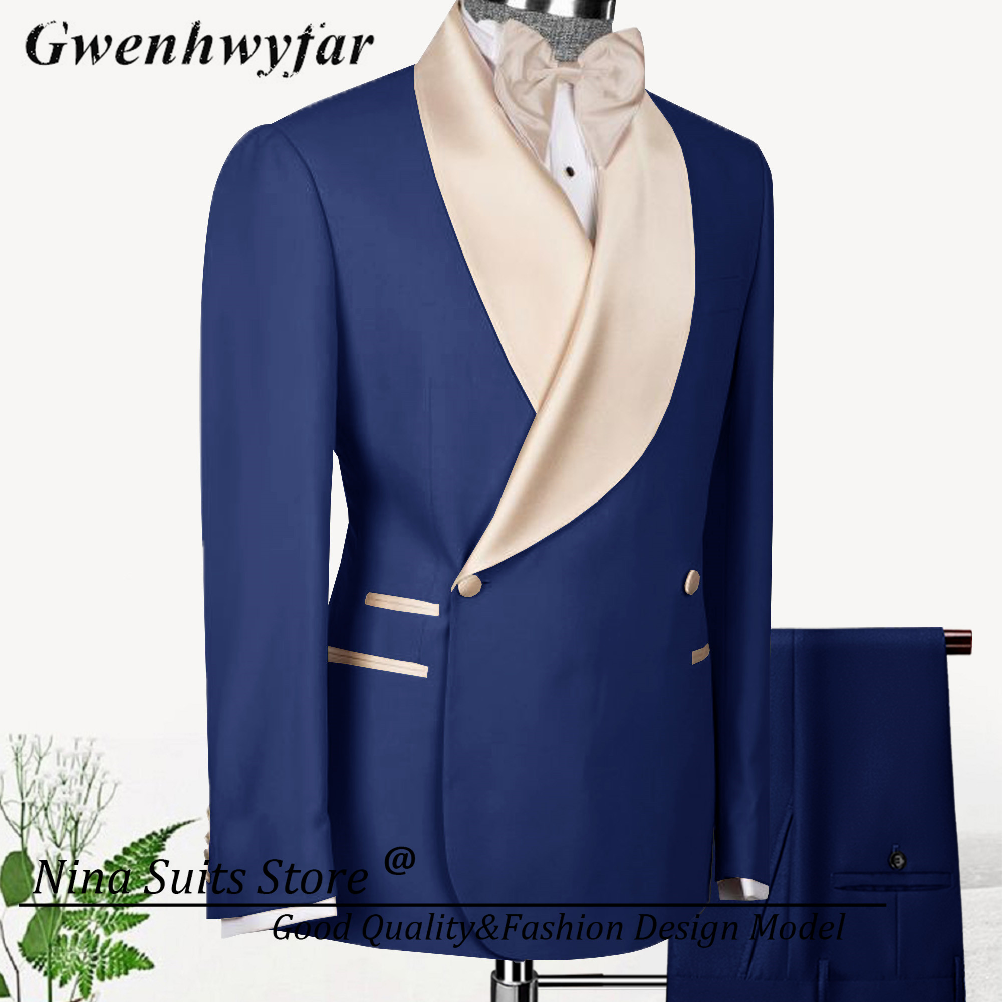 Men'S Formal Wear Stores - ชุดสูทผู้ชายแบบกระดุมสองแถวของร้านนีน่า สีน้ำเงินกรมท่า กางเกงสูท ปี 2026 ปกสีแชมเปญ