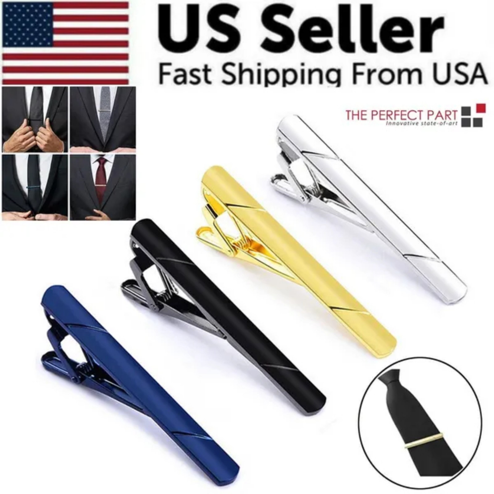 Tie Bar Clip - 4 ชิ้น คลิปหนีบเนคไทสแตนเลสสำหรับผู้ชาย คลิปหนีบเนคไท สีทอง สีดำ