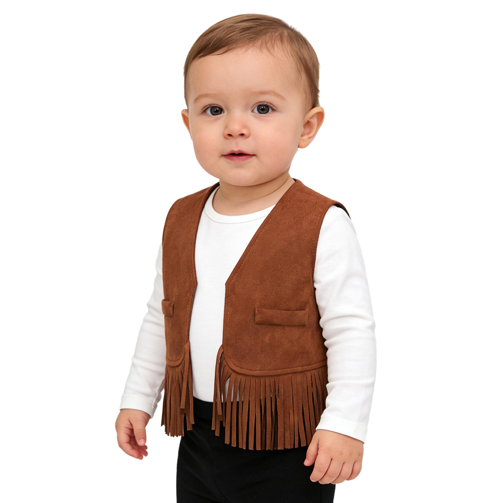 Men Formal Wear Vest - เสื้อกั๊กคาวบอยหนังกลับสำหรับเด็กชายและเด็กหญิง แบบเปิดด้านหน้า แต่งพู่ห้อย เหมาะสำหรับแต่งตัวคาวบอยในวันฮาโลวีน คอสเพลย์ งานคาร์นิวัล