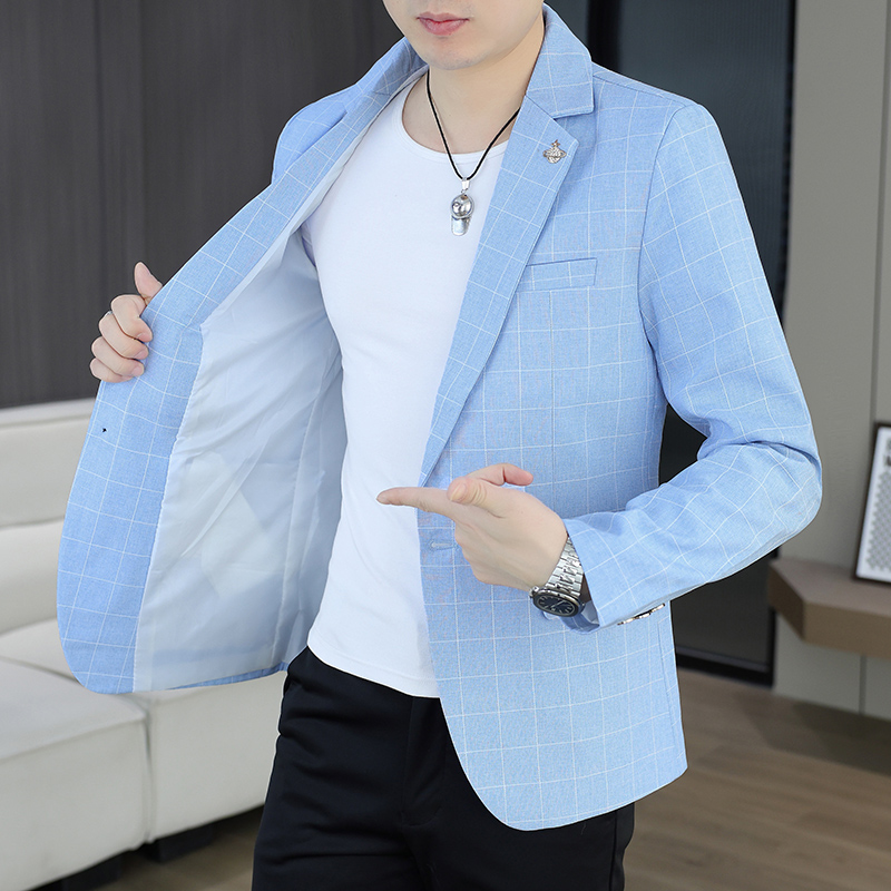Korean Men Formal Wear - เสื้อเบลเซอร์ผู้ชายสำหรับกิจกรรมกลางแจ้ง แฟชั่นสำหรับปั่นจักรยาน สไตล์ลำลองทางธุรกิจ ลายตารางหมากรุก สไตล์เกาหลี ดีไซน์เฉพาะตัว