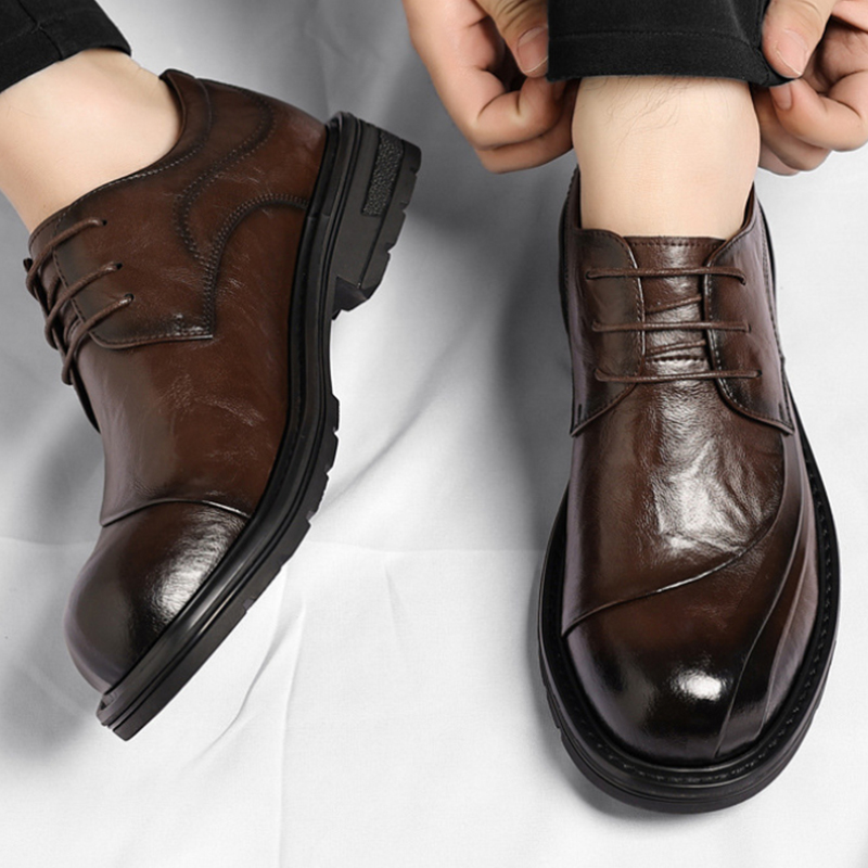 Men'S Formal Office Wear Shoes - รองเท้าหนังแท้สีน้ำตาลขัดเงา แบบผูกเชือก พื้นหนา สำหรับงานทางการ ธุรกิจ สำนักงาน