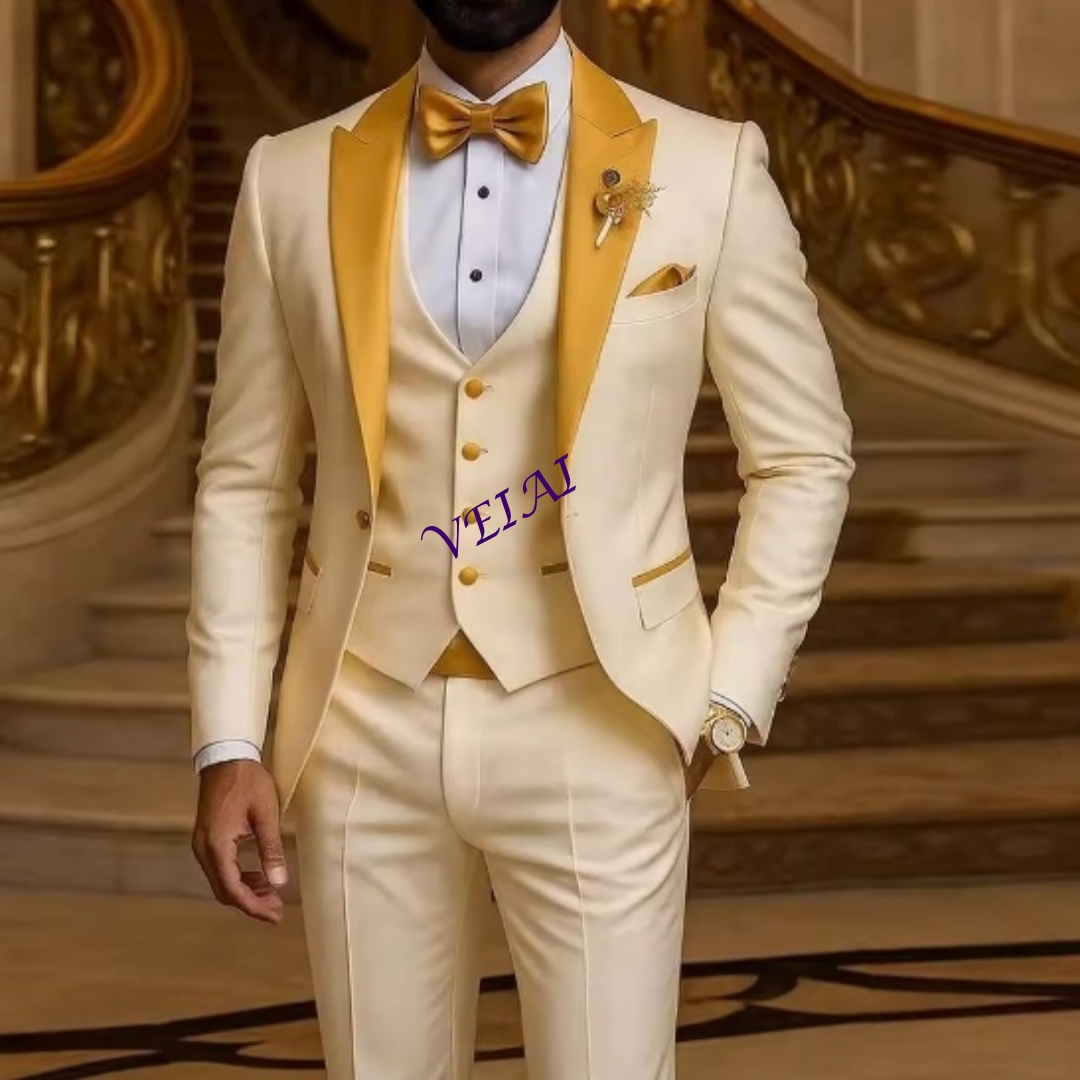 Young Men Formal Wear - ชุดสูทผู้ชายสีงาช้างแบบสั่งตัดพิเศษ คอสีทอง สำหรับงานแต่งงาน งานเลี้ยง งานพิธีการ ชุดเจ้าบ่าว