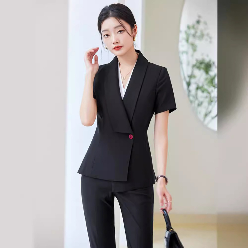 Dress Pant Flat Front - ชุดสูทแขนสั้นใหม่ประจำฤดูร้อนปี 2025 ชุดทำงานสำหรับพนักงานต้อนรับโรงแรม ร้านขายเครื่องประดับ ชุดสูททางการ