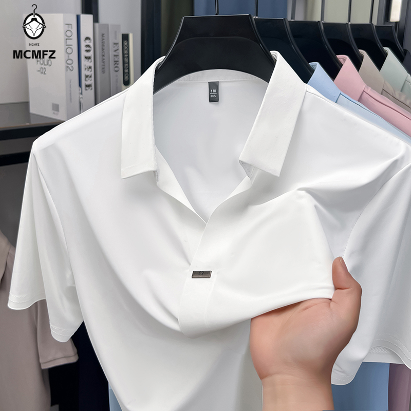 Men Formal Wear Summer - เสื้อเชิ้ตผู้ชายปกเรียบแบบซ่อนกระดุม ดีไซน์เรียบง่าย แต่งโลหะเดี่ยว ยืดหยุ่น ระบายอากาศ ป้องกันรอยยับ
