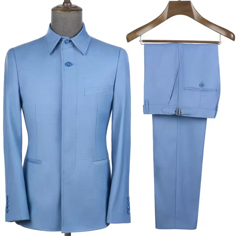 Men Formal Wear Pants - ชุดซาฟารีสั่งตัดสำหรับผู้ชาย 2 ชิ้น เสื้อแจ็คเก็ตคอเหลี่ยมลำลองพร้อมกางเกง ชุดทางการสำหรับธุรกิจและการสวมใส่ในชีวิตประจำวัน