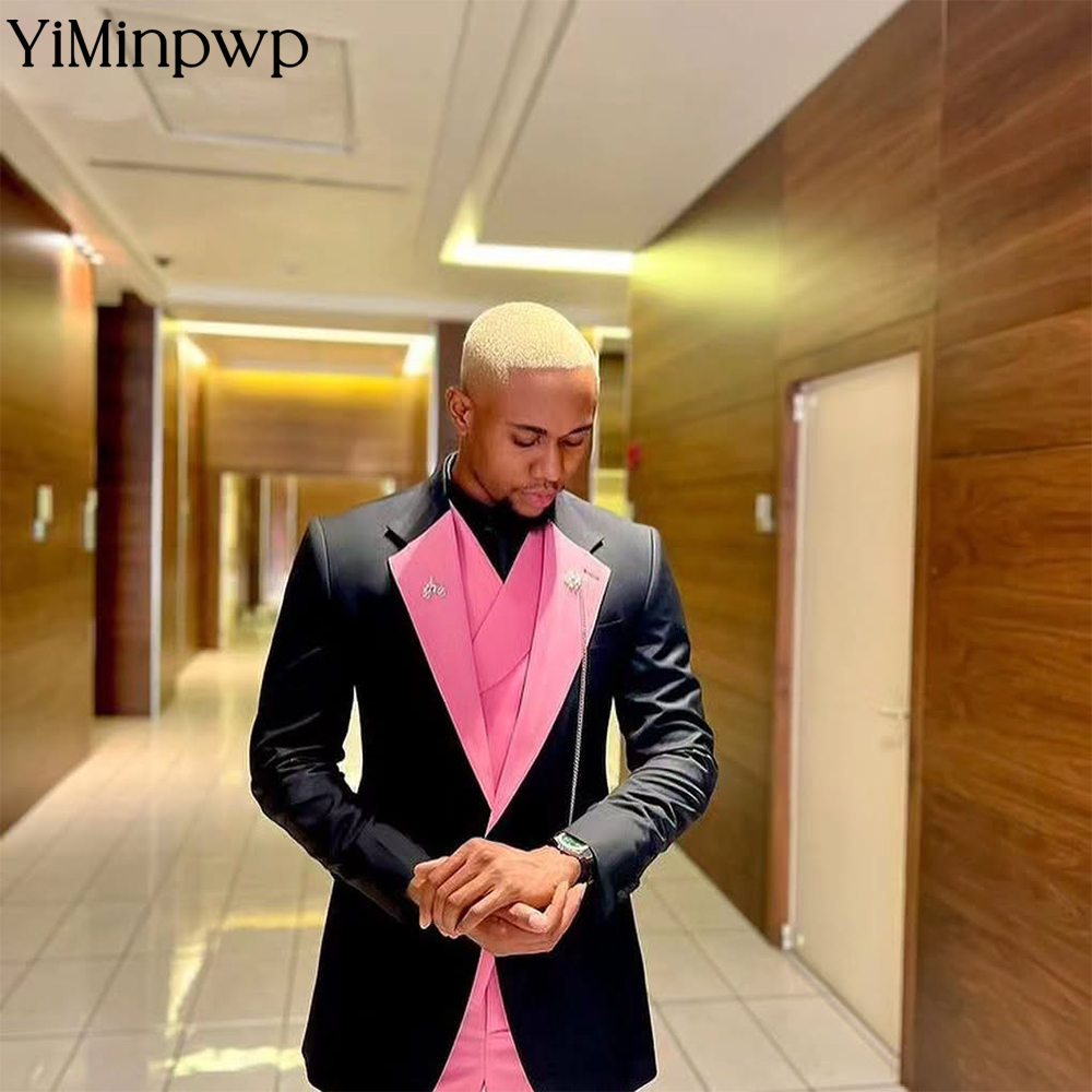 Men Formal Wear Clothes - ชุดสูทผู้ชายสีชมพูหล่อเท่ ยี่ห้อ YiMinpwp ผ้าซาตินสีพื้น กระดุมแถวเดียว ชุดทำงาน