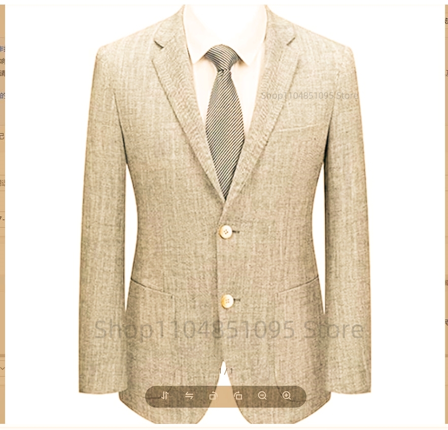 Men Formal Wear Summer - เสื้อสูทผู้ชายทรงเข้ารูป ผ้าลินิน สีเบจ/น้ำเงิน กระดุมสองเม็ด สไตล์ลำลองสำหรับธุรกิจ เหมาะสำหรับฤดูใบไม้ผลิและฤดูร้อน