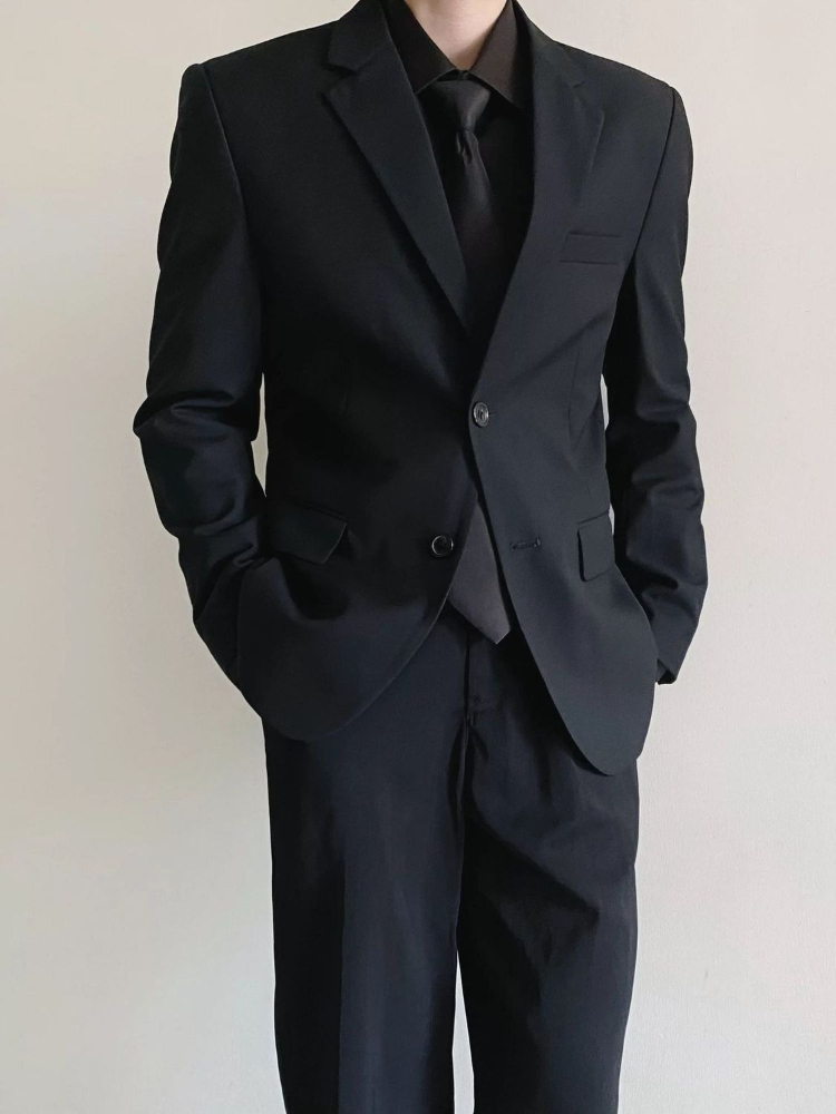 Korean Men Formal Wear - ชุดสูทสีดำสำหรับผู้ชาย ชุดธุรกิจแบบทางการ ทรงเข้ารูป ชุดทักซิโด้สำหรับงานแต่งงาน เจ้าบ่าว เพื่อนเจ้าบ่าว