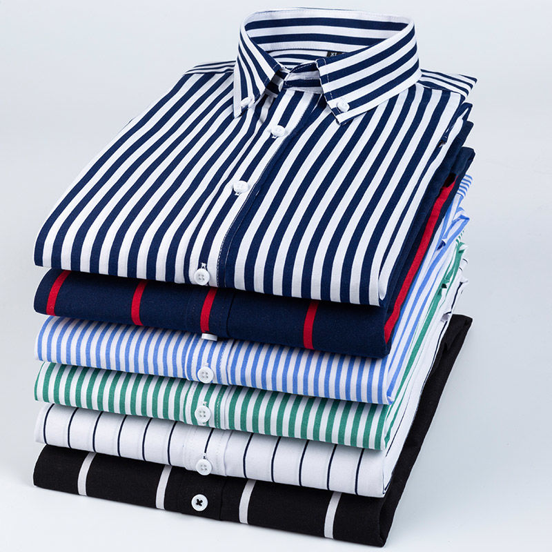 Korean Men Formal Wear - เสื้อเชิ้ตลายตารางแขนยาวลายทางสำหรับผู้ชายเสื้อเชิ้ตเสื้อเชิ้ตลำลองอัจฉริยะธุรกิจแบบไม่รีดเข้ารูปสไตล์เกาหลีสีฟ้าขาว