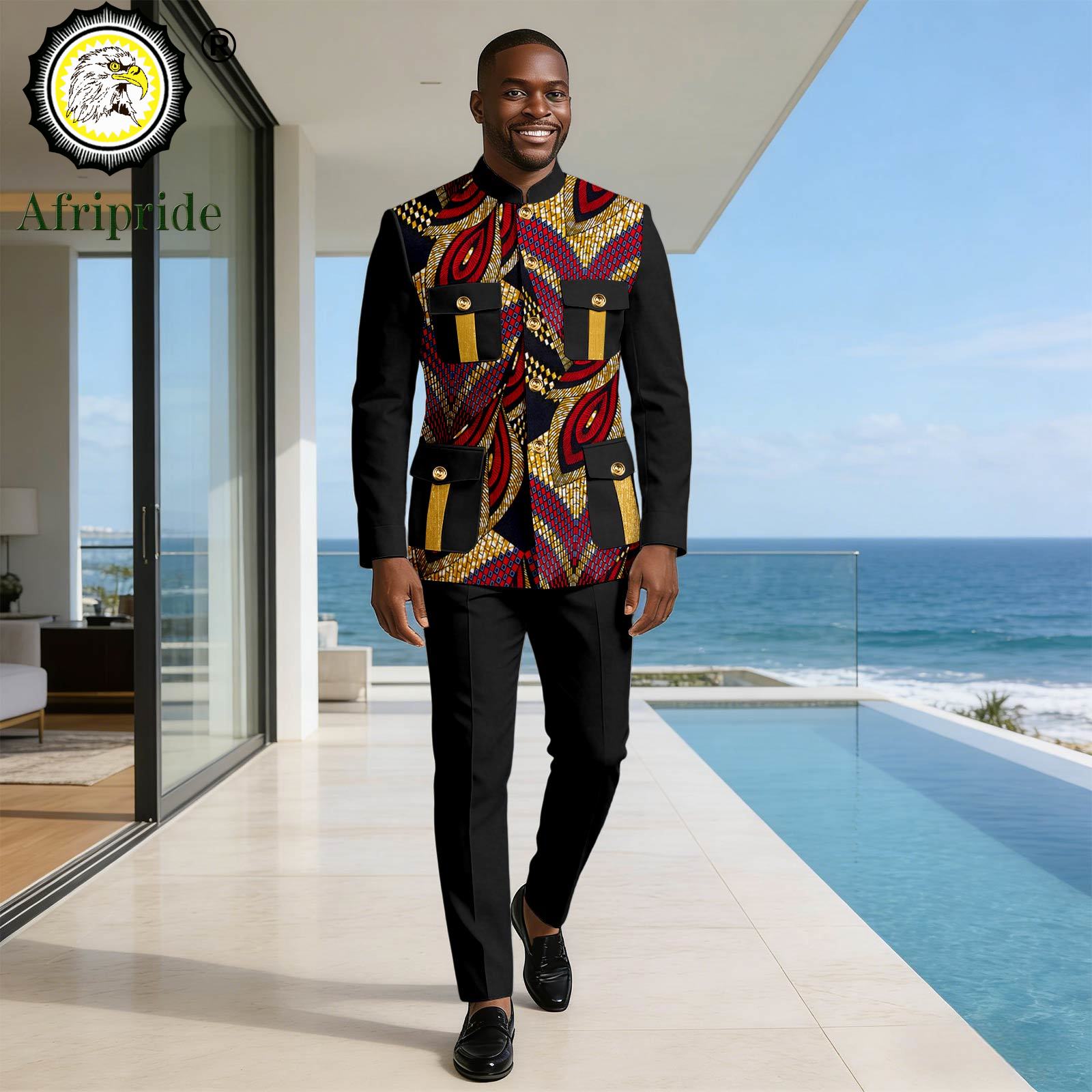 Men Formal Wear Clothes - ชุดสูทผู้ชายแบบกระดุมแถวเดียว กระเป๋าปักลายพิมพ์ ชุดเสื้อเบลเซอร์และกางเกง 2 ชิ้น ชุดเสื้อผ้าแอฟริกันสำหรับงานแต่งงาน