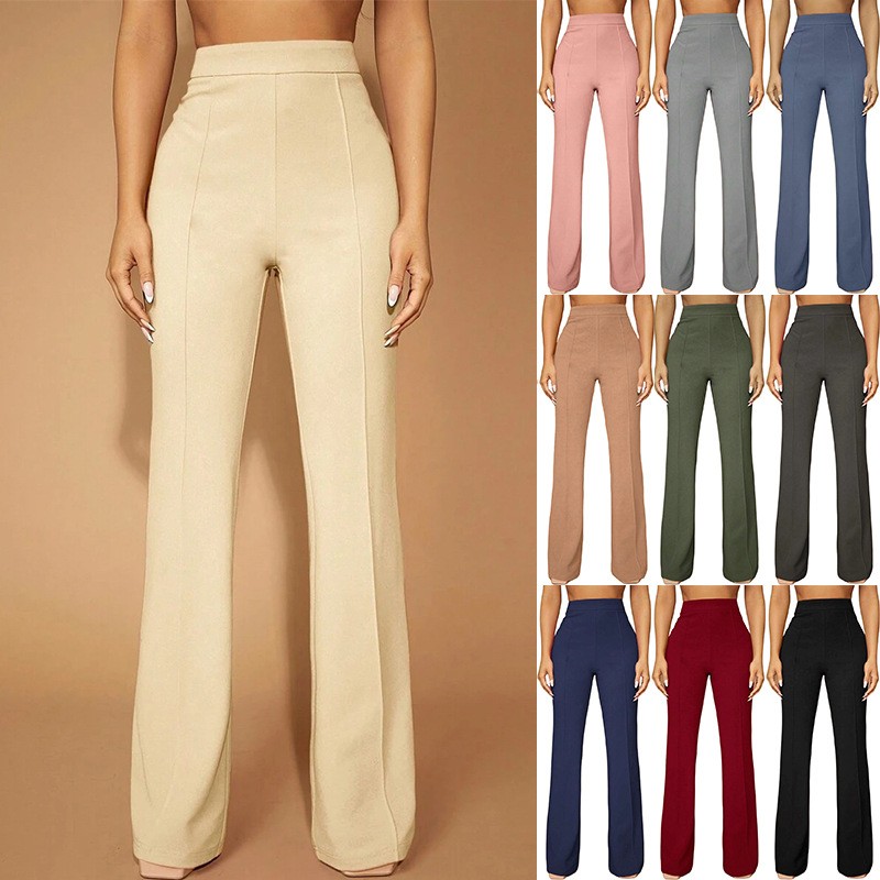 Dress Pant Flat Front - กางเกงขายาวผู้หญิงสำหรับฤดูร้อน เอวสูง ทรงขากว้าง สีพื้น มีจีบด้านหน้า สีเบจ