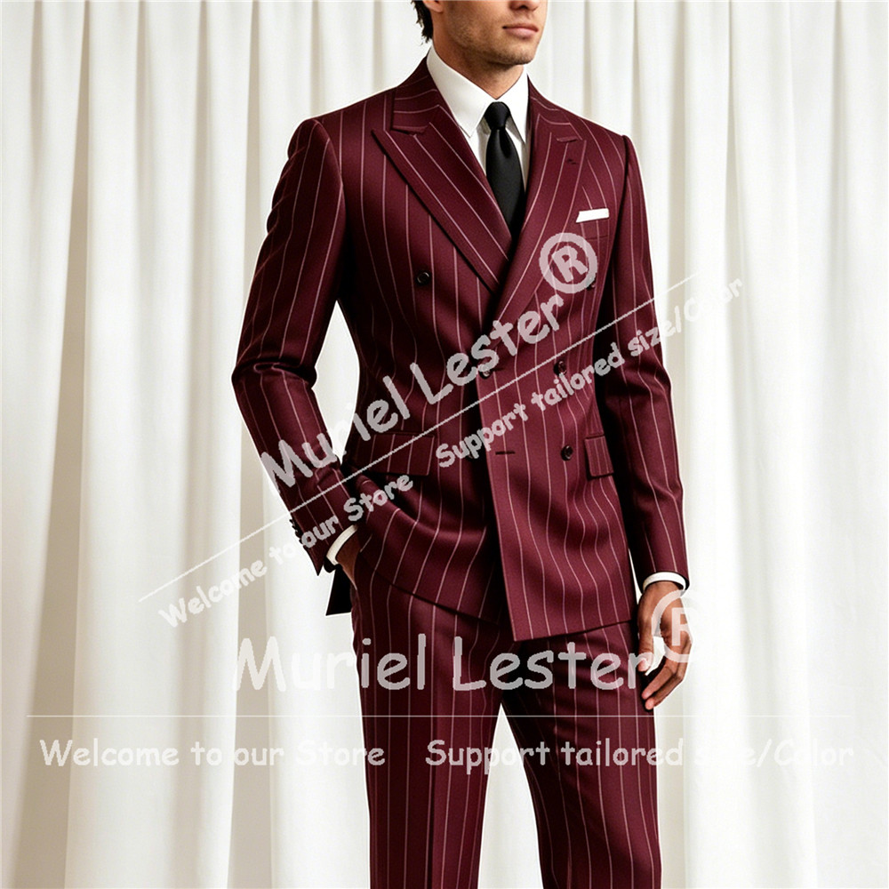 Men Formal Wear Pants - ชุดสูทลายทางสุดหรูสำหรับผู้ชาย ชุด 2 ชิ้น เสื้อแจ็คเก็ตกระดุมสองแถว กางเกงขายาว