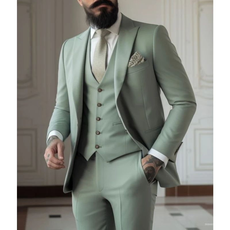 Men Formal Wear Pants - แสงสีเขียวชุดผู้ชายชุด 3 ชิ้นงานแต่งงานธุรกิจชายเจ้าบ่าวงานแต่งงานชุดเสื้อแจ็คเก็ตกางเกงชุดเสื้อคลุมเสื้อ