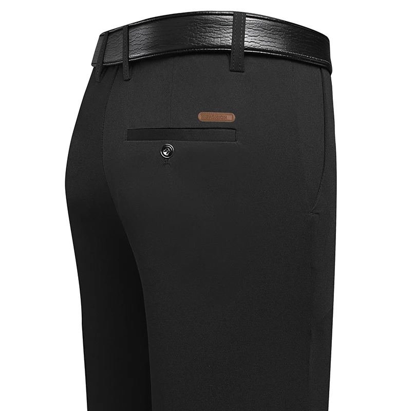 Men Formal Wear Summer - กางเกงขายาวทรงตรงสำหรับผู้ชาย ป้ายหนังที่กระเป๋าหลัง ทรงหลวม ใส่สบาย เหมาะสำหรับการประชุมทางธุรกิจ ชุดทำงานประจำวัน