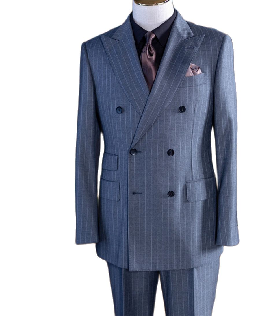 Men Formal Wear Pants - ชุดสูทผู้ชายสีเทาลายทางแบบกระดุมสองแถว คลาสสิก 2 ชิ้น เสื้อสูทและกางเกง ชุดธุรกิจสั่งตัดได้