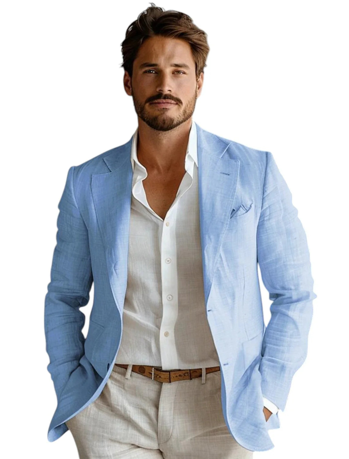 Men Formal Wear Summer - เสื้อเบลเซอร์ผ้าลินินสีน้ำเงินทรงเข้ารูปสำหรับผู้ชาย สไตล์ลำลอง เหมาะสำหรับงานปาร์ตี้ งานพรอม เสื้อโค้ทดีไซน์เนอร์ สำหรับฤดูใบไม้ผลิและฤดูร้อน