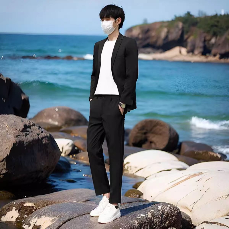 Korean Men Formal Wear - ชุดสูทฤดูร้อนน้ำหนักเบาสำหรับผู้ชาย ชุดลำลองทรงสลิมฟิต กางเกงสไตล์เกาหลี แฟชั่นชุดทางการ