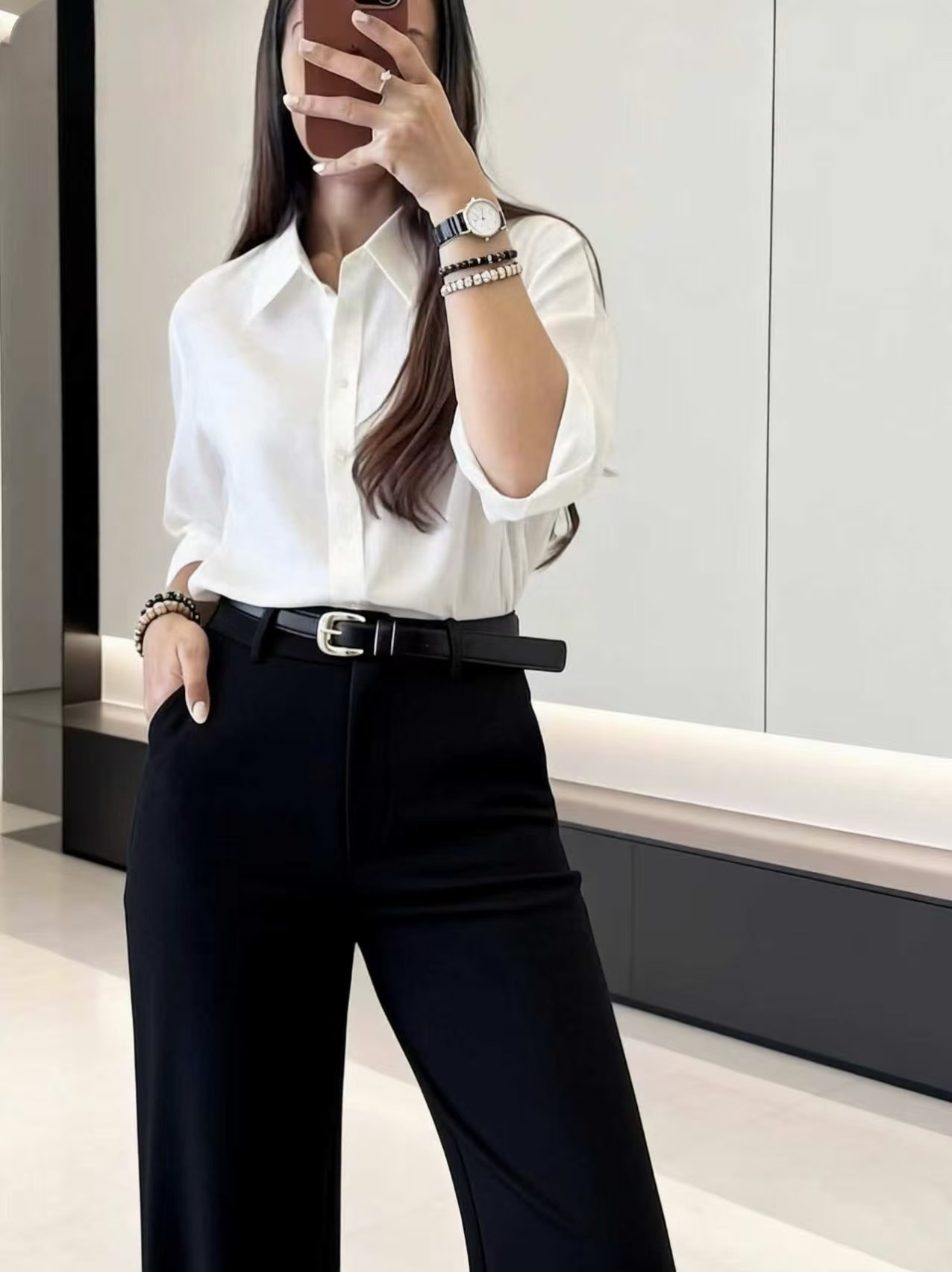 Dress Pant Flat Front - กางเกงขายาวทรงพาลาซโซ่เอวสูง ดีไซน์จีบด้านหน้า ทรงหลวม ขาตรง มีกระเป๋าด้านใน เหมาะสำหรับใส่ทำงาน