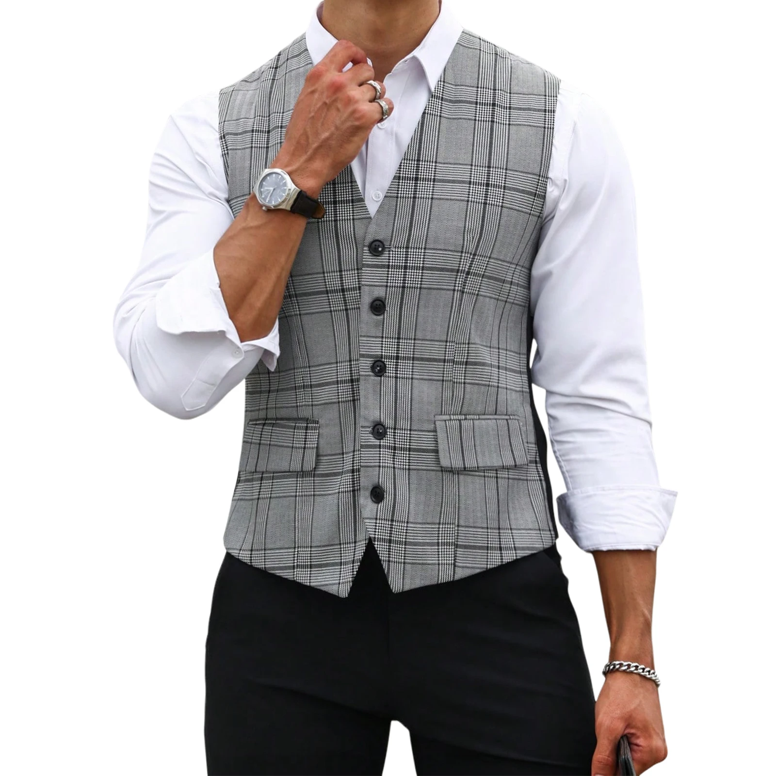 Men Formal Wear Vest - เสื้อกั๊กสูทลายสก๊อตสีเทาสำหรับผู้ชาย ทรงเข้ารูป คอวี กระดุมแถวเดียว เสื้อกั๊กสำหรับงานทางการ ธุรกิจ