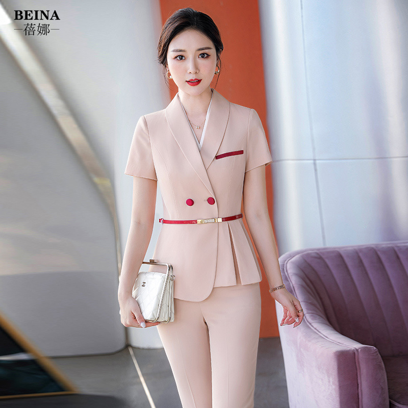 Dress Pant Flat Front - ชุดสูทสำหรับผู้หญิง ฤดูร้อน แขนสั้น สไตล์หรูหรา เหมาะสำหรับร้านเสริมสวย ร้านขายเครื่องประดับ