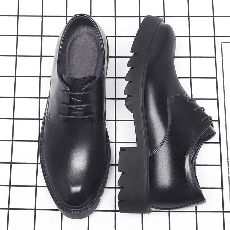 Men'S Formal Office Wear Shoes - รองเท้าหนังสีดำแบบผูกเชือกสำหรับผู้ชาย พื้นหนา ส้นบล็อก เหมาะสำหรับงานทางการ ธุรกิจ ออฟฟิศ