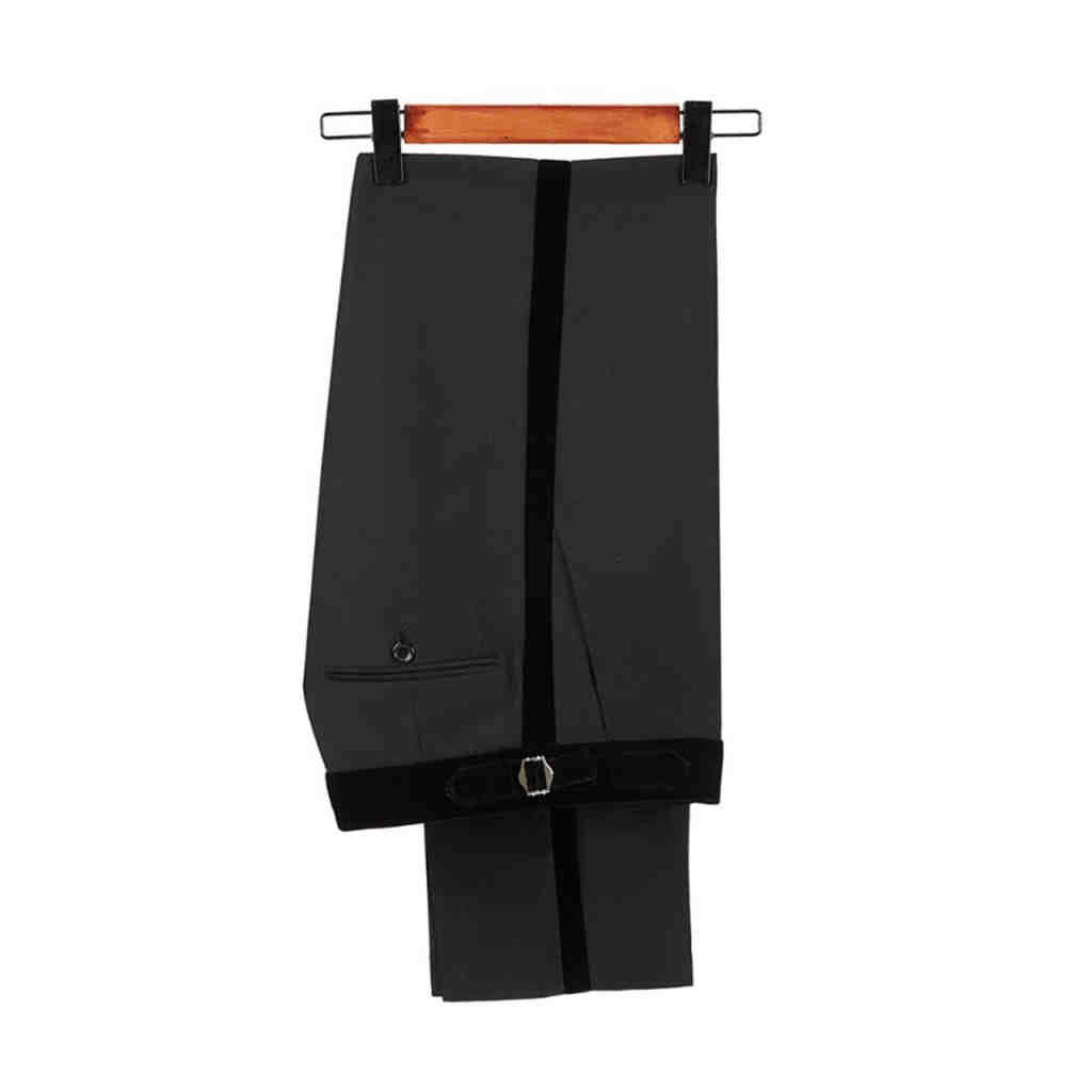 Dress Pant Flat Front - กางเกงเดรสทรงคลาสสิกสีดำสำหรับผู้ชาย พร้อมตัวปรับด้านข้างและแถบซาตินทักซิโด้สั่งทำพิเศษ MP266