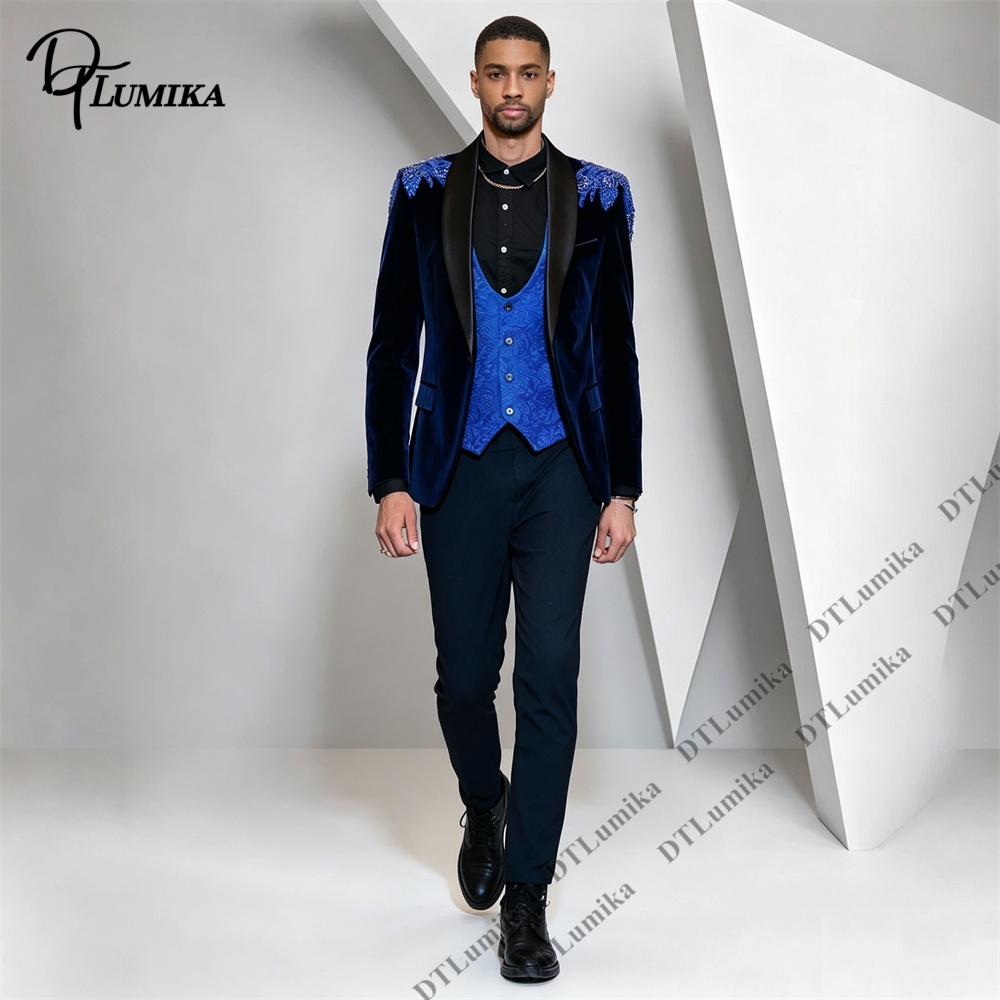 Men Formal Wear Pants - ชุดสูทผู้ชาย Peagent 3 ชิ้น ผ้ากำมะหยี่ สีดำ