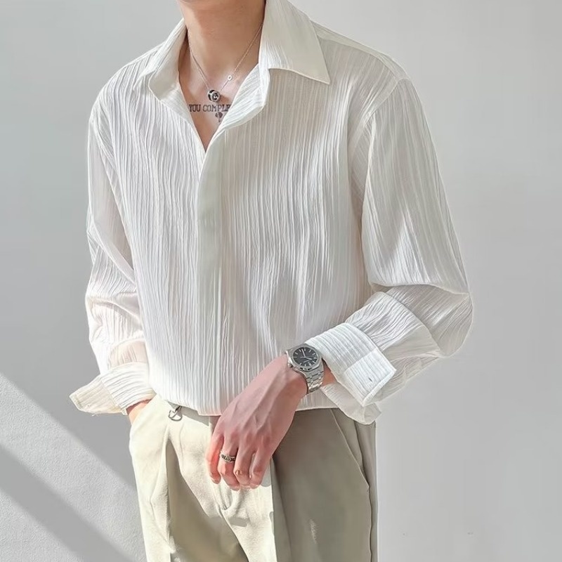 Korean Men Formal Wear - สีดำ Apricot สีขาวแขนยาวเสื้อผู้ชายแฟชั่นสังคม Mens ชุดเสื้อหลวมสบายๆเสื้อบุรุษเสื้อ