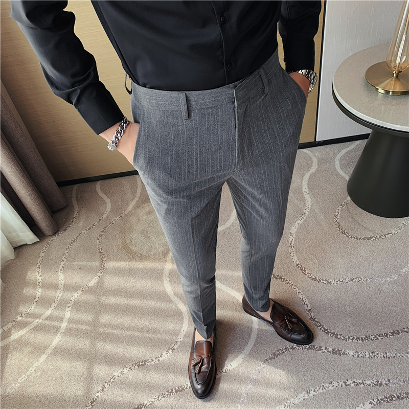 กางเกงสูทลายทางแฟชั่นใหม่ ไซส์ - Korean Men Formal Wear บทวิจารณ์และราคา