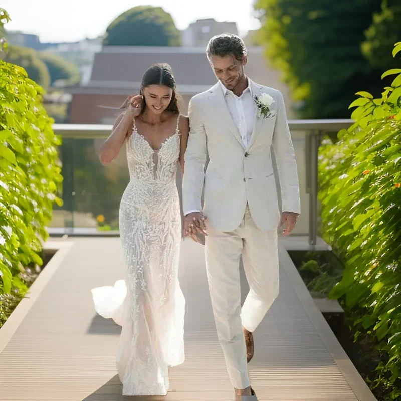 ผ้าลินินงานแต่งงาน Tuxedo สําห - Men Formal Wear Summer บทวิจารณ์และราคา