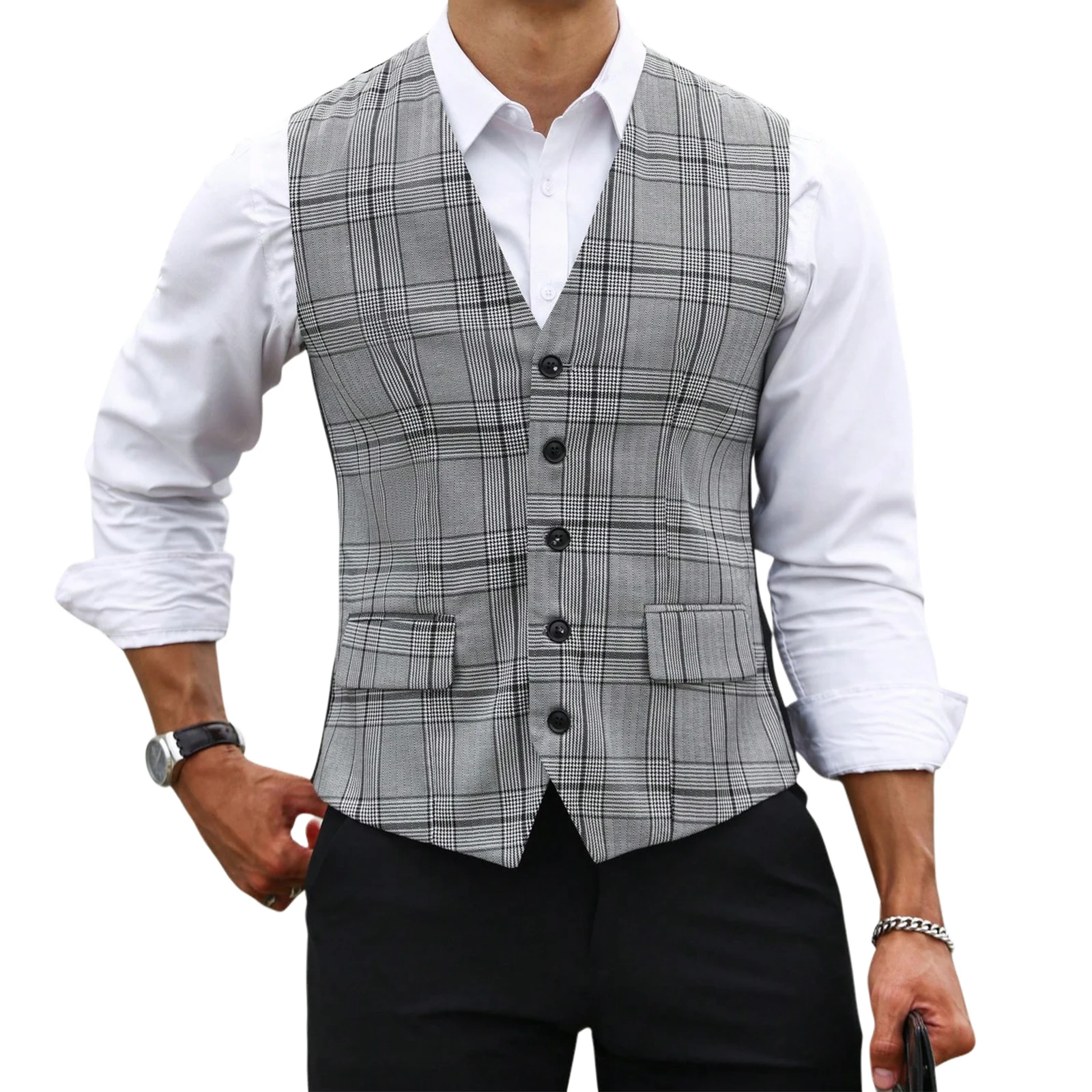เสื้อกั๊กสูทลายสก๊อตสีเทาสำหรั - Men Formal Wear Vest บทวิจารณ์และราคา
