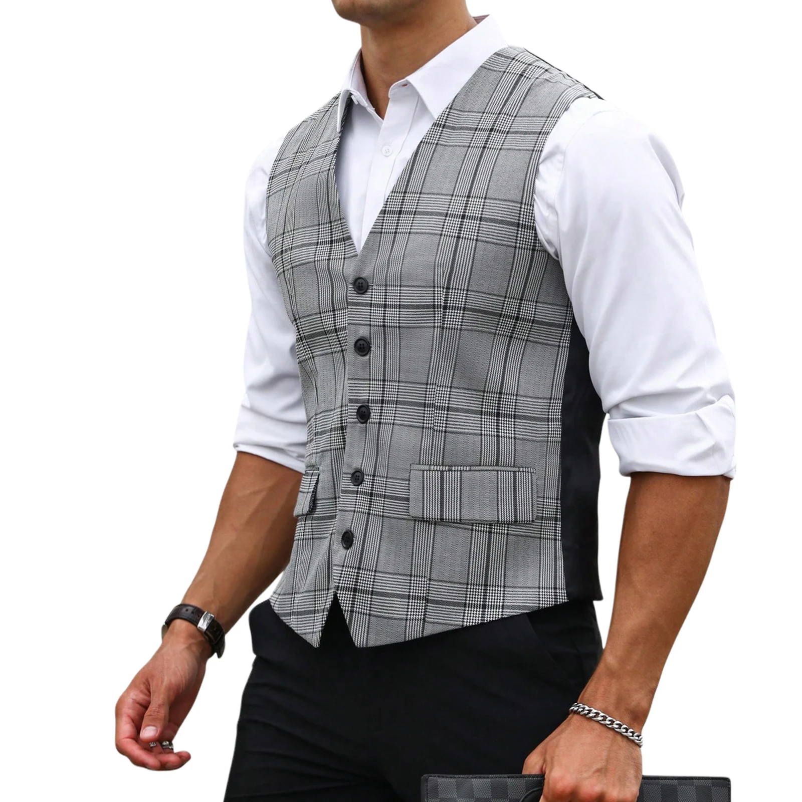 เสื้อกั๊กสูทลายสก๊อตสีเทาสำหรั - Men Formal Wear Vest บทวิจารณ์และราคา
